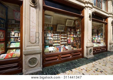 Turin, Italy - August 16, 2013: Showcases in Subalpine Commercial Gallery.