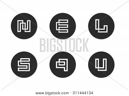 Initial Letter N,e, L, S, Q, U Logo Icon, Set Of Modern Alphabet Icons, White Letters On Black Backg