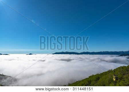 Sea Of Clouds. Panorama View From Unkai Terrace In Summer Time Sunny Day. Take The Cable Car At Toma