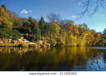 Nice Autumn Panorama Of Sofiyivka Park Lake Ukraine Uman Rainbow Nature Gold Water