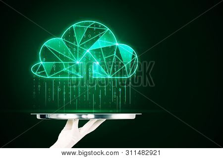 Hand Holding Silver Tray With Creative Glowing Green Polygonal Binary Code Cloud Raining On Dark Bac