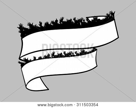 Double Line Black Copy Space Personalizable Banner With Silhouette Of Cheering Crowd In Black And Wh