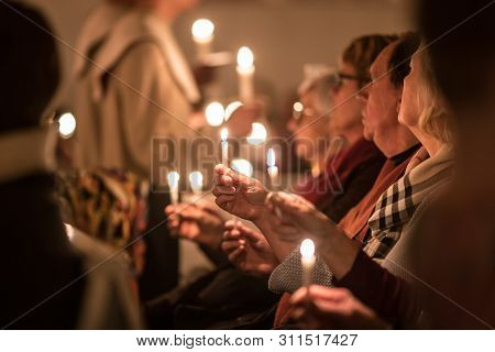 Vaxjo, Sweden - December, 2017: The Swedish Tradition Of Lucia Is Celebrated In Vaxjo Church With So