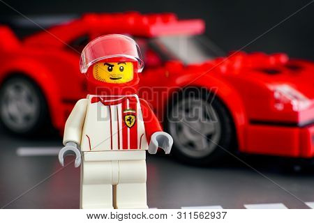 Tambov, Russian Federation - July 02, 2019 Lego Ferrari F40 Competizione Driver Minifigure By Lego S