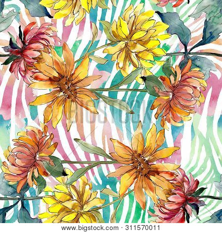 Aster Floral Botanical Flowers. Watercolor Background Illustration Set. Eamless Background Pattern.
