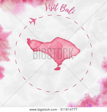 Bali Watercolor Island Map In Red Colors. Travel Poster With Airplane Trace And Handpainted Country.