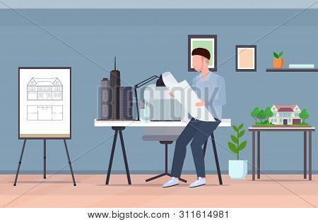 Architect Holding Blueprint New House Project Man Housing Contractor Designing House Plan Engineer S