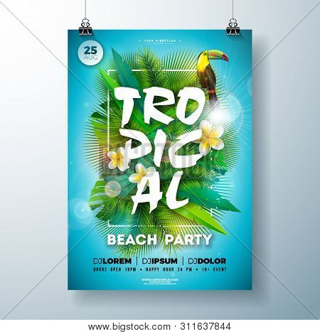 Tropical Summer Beach Party Flyer Design With Flower, Palm Leaves And Toucan Bird On Blue Background
