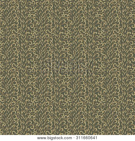 Modern Curved Vector Seamless Pattern. Abstract Golden Curls On Green Background. Template For Desig