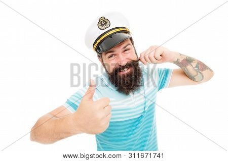 Captain Of Cruise Liner. Brutal Seaman Isolated On White. Captain Concept. Welcome Aboard. Bearded M