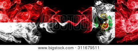 Indonesia Vs Peru, Peruan Smoky Mystic Flags Placed Side By Side. Thick Colored Silky Smoke Flags Of