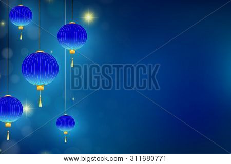 Lighting Lanterns On The Left Side. Hanging Lampions With Golden