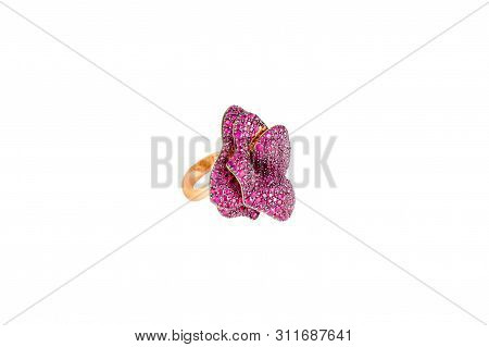 Golden Diamond Ring Isolated On White Background. Ring With Diamonds And Precious Color Gemstones, R