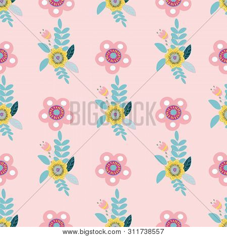 Vector Pastel Folk Floral Motifs Seamless Pattern.