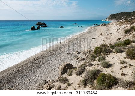Avali beach, Lefkada island, Greece. Beautiful turquoise sea on the island of Lefkada in Greece