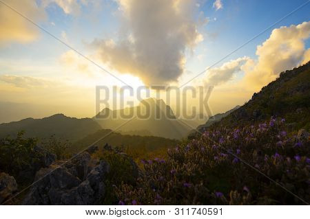 Beautiful Nature Background Sunset At Doi Luang Chiangdao In Chiangmai, Thailand.