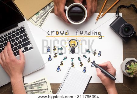Crowdfunding Concept. Two People Deciding To Find Business Idea For Investment, Panorama
