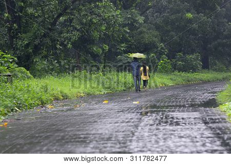 Romantic Couple With One Umbrella Walking And Faded Away In Nature, Conceptual Stock Image Of Rainy 