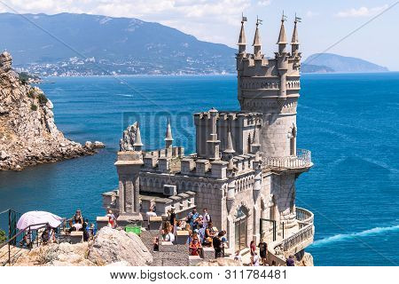 Gaspra, Crimea - July 7. 2019. Castle Of Swallows Nest On The Cape Ai-todor Of Black Sea Coast