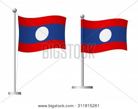 Laos Flag On Pole. Metal Flagpole. National Flag Of Laos Vector Illustration