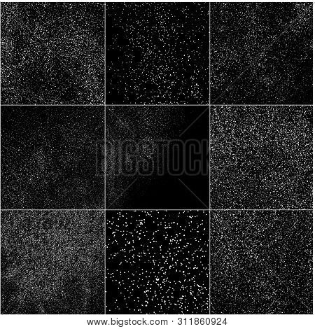 Set Of White Grainy Texture Isolated On Black Background. Dust Overlay Texture. Noise Particles. Sno