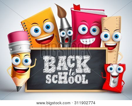 Back To School Education Items Vector Characters. School Mascots Like Pencil, Pain Brush, Notebook A