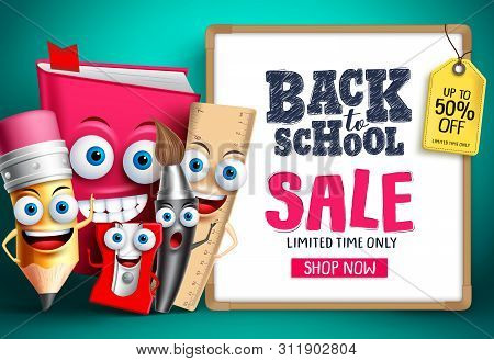 Back To School Sale With School Vector Characters. Education Items Mascots Happy Showing Whiteboard 
