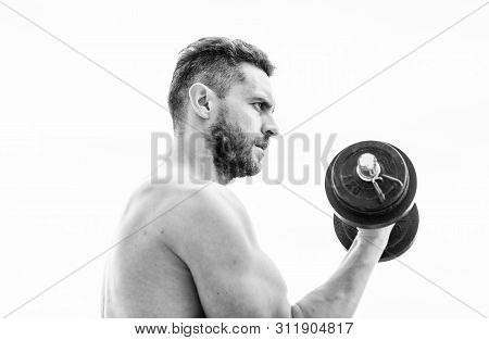 Man Sportsman With Strong Hands. Steroids. Athletic Body. Dumbbell Gym. Fitness And Sport. Muscular 