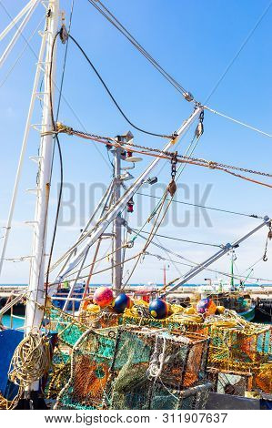 Crayfish Nets And Traps On A Small Fishing Boat