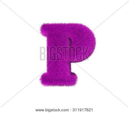 Letter P Of Purple Wooly Alphabet Isolated On White Background, Glamorous Concept 3d Illustration Of