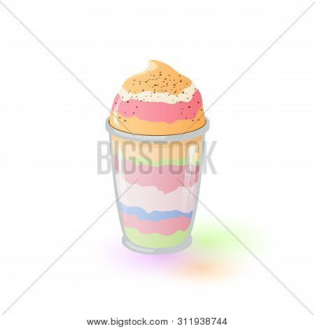 Multicolor Appetizing Parfait In Glass. Fruit And Berry Dessert. Frozen Yogurt. Banana, Pistachio, S