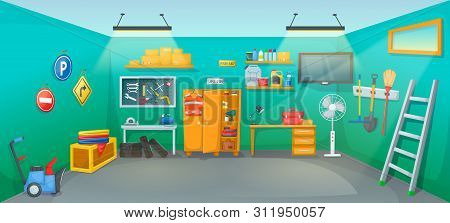 Garage Interior Room With Tools Furniture Inventory Equipment.