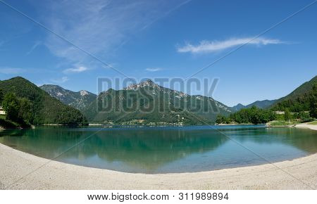 Spiaggia Pubblica Molina Di Ledro, Italy. Beautiful View Of Lago Di Ledro And Surrounding Mountains