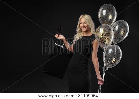 Brightfull Expressions Of Happy Emotions Of Amazing Girl Celebrating Party On Black Background. Luxu