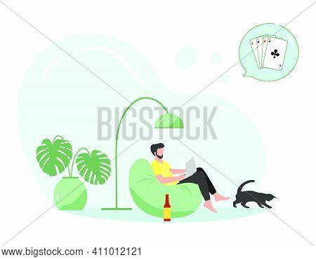Vector Illustration Man Sits In Chair Using Tablet, Laptop For Playing Online Game Playing Cards Sol