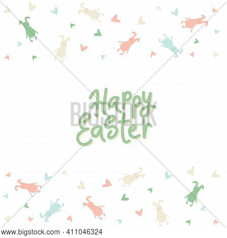 Happy Easter Rabbit, Bunny Minimalistic Style With Lettering Sign And Frame. Vector Stock Illustrati