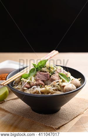 Rice Noodle Soup With Pork, Pork Ball And Vegetables In A Bowl, Thai Noodles Soup