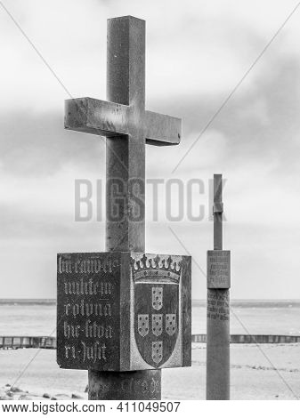 Cape Cross, Namibia - October 12, 2013: Detailed View Of Stone Cross Memorial - Replica Of Orginal P