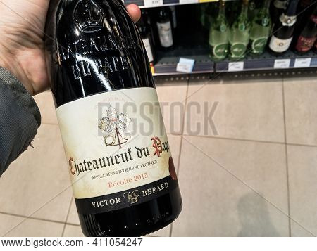 Belgrade, Serbia - February 26, 2021: Bottle Of Chateauneuf Du Pape Wine From Victor Berard, A Local