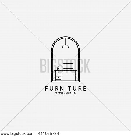 Furniture Computer Table Logo Vector Illustration Design Line Art