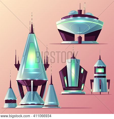 Set Of Various Alien Spaceships Or Futuristic Rockets With Antennas, Neon Lights Cartoon Vector Illu