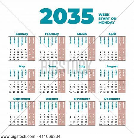 2035 Calendar Template With Weeks Start On Monday