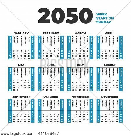 2050 Calendar Template With Weeks Start On Sunday