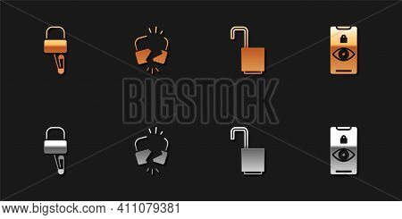 Set Lock Picks For Lock Picking, Broken Cracked, Open Padlock And Eye Scan Icon. Vector