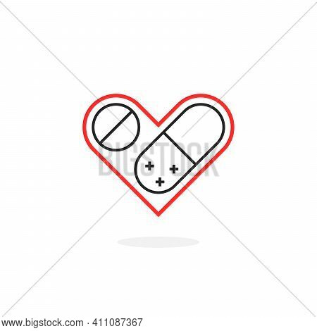 Thin Line Medicine For The Heart Logo. Stroke Style Trend Modern Simple Pill Logotype Graphic Art De