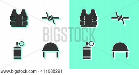 Set Military Helmet, Bulletproof Vest, Hand Grenade And Barbed Wire Icon. Vector