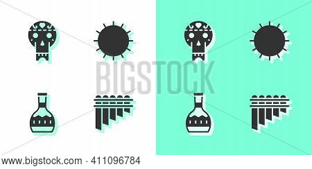 Set Pan Flute, Mexican Skull, Tequila Bottle And Sun Icon. Vector