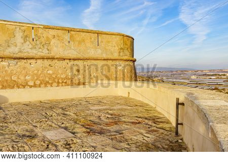 Coastal Fortification, Castle Guardias Viejas And Plastic Greenhouses Landcsape On Coast In Almeria 