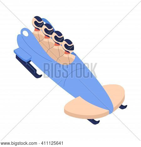 Bobsled Or Bobsleigh Team Riding Sled. Cartoon Characters In Helmets Drawn In Blue And Beige.