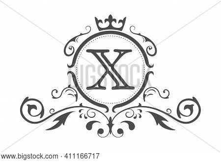 Stylized Letter X Of The Latin Alphabet. Monogram Template With Ornament And Crown For Design Of Ial